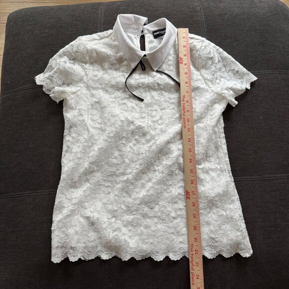 Karl Lagerfeld Paris White Lace Short Sleeve Blouse With Contrast Collar & Tie D - Picture 3 of 8